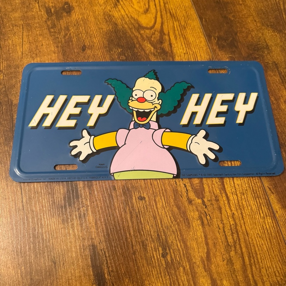 The Simpsons Krusty the Clown HEY HEY Metal License Plate 2002‎